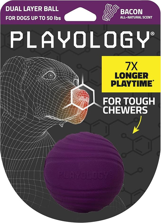 Playology Dog Toys | Dual Layer Ball Durable Chew Toy for Aggressive Chewers | Medium Bacon Scented Toy - Easy to Clean and Made from Non Toxic Materials