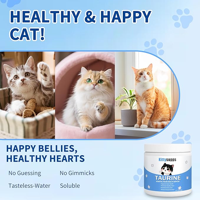 Kittysupps Taurine Powder for Cats, Immune Support, Boost Energy & Vitality,Improves Hair Health, Supports Heart Health, Easy to Mix in Food, with Dosing Spoon, 200g