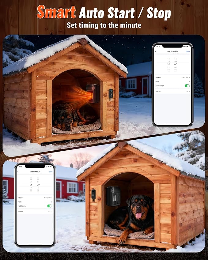 PETNF Dog House Heater with Thermostat & WiFi App Control 2026, 45–113°F, 24H Timer, 500W Fast Heating Outdoor Pet House Warmer, Safe Anti-Chew Cord, Waterproof for Dogs, Cats & Chicken Coops