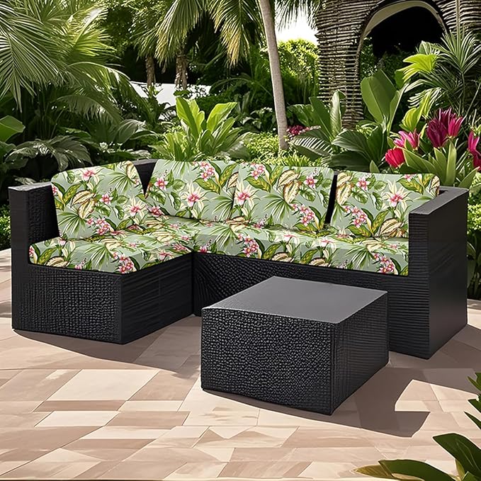 HANDONTIME 8Pcs Outdoor Patio Cushion Covers Green Leaves Pink Floral Stretch Couch Cushion Cover Patio Couch Slipcover for Outdoor Washable Non-Slip Furniture Protector for Pet (Green, Cover Only)