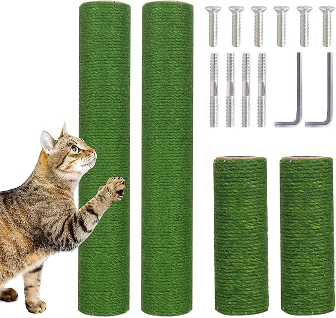 Barelove Cat Scratching Post Replacement, 4 Pieces Cat Scratcher Cat Tree Replacement Parts, 15.4'' x 2.67" Dia + 7.87“ x 2.67" DiaNatural Sisal Rope Cat Scratch Posts Include M8 Screws, Green