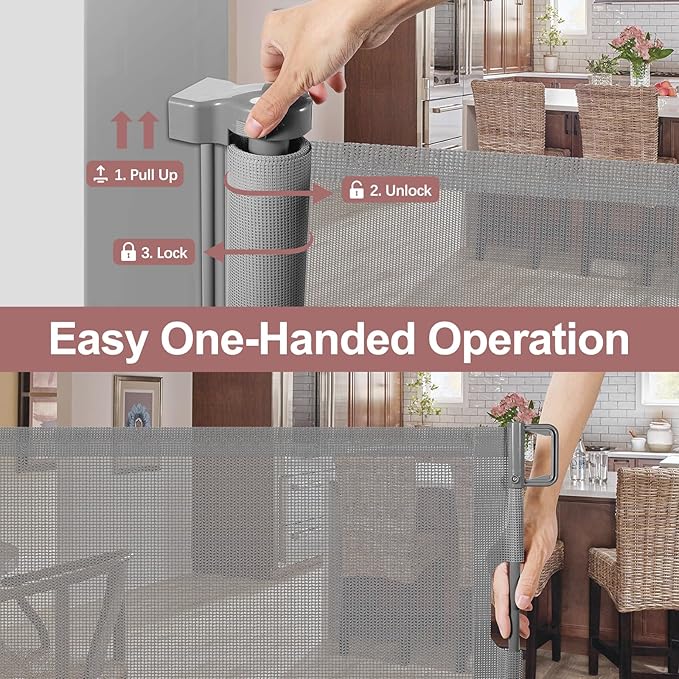 85 Inch Retractable Baby Gates Extra Wide Retractable Dog Gate for Wide Openings Indoor Outdoor Retractable Gate Mesh Dog Gates for The House Extra Wide Baby Gate Retractable Gates for Dogs, Gray