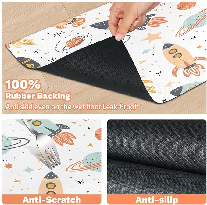 Outer Space Dog Food Mat for Floors Absorbent, Quick Dry Water Dispenser Mat for Food, Water, Pet Supplies 17" x 30", Rocket