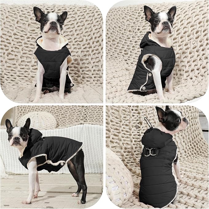 Fleece Lining Dog Hoodie with Harness Built in,Extra Warm Small Dog Jacket in Winter Puppy Coats with Drawstring Hooded,Black XS