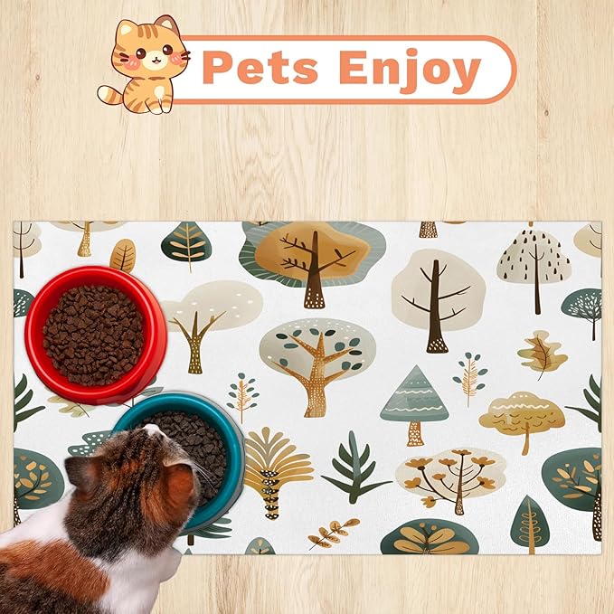 Tree Dog Food Mat for Floors Absorbent, Quick Dry Water Dispenser Mat for Food, Water, Pet Supplies 16" x 24", Plant
