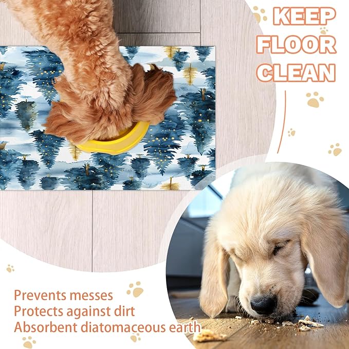 Winter Forest Dog Food Mat for Floors Absorbent, Quick Dry Water Dispenser Mat for Food, Water, Pet Supplies 12" x 20", Tree