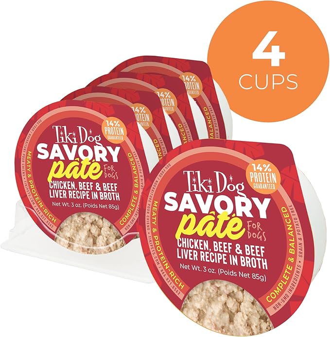 Tiki Dog Pate Wet Cat Food, Chicken, Beef & Beef Liver, 3 oz. Cup (4 Count)