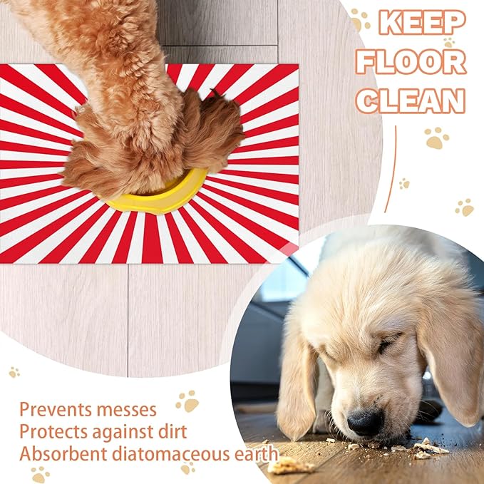 Striped Dog Food Mat for Floors Absorbent, Quick Dry Water Dispenser Mat for Food, Water, Pet Supplies 17" x 30", White Red