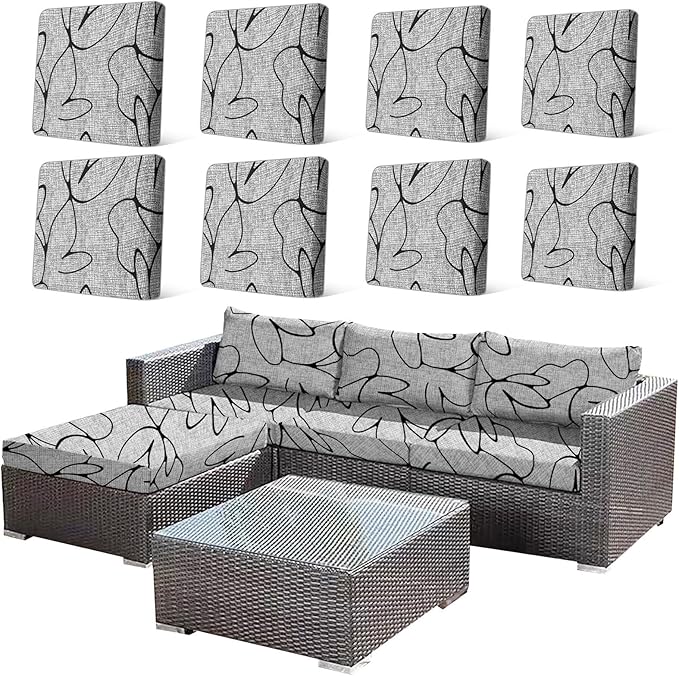 HANDONTIME 8Pcs Outdoor Cushion Covers Waterproof Striped Patio Cushion Covers Stretch Outdoor Couch Cover Replacement Patio Furniture Cover for Pets Sofa Cover Washable (Grey Abstract,Cover Only)