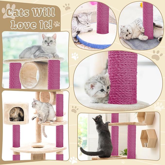 1/4inch ×164Ft Natural Cat Tree Hemp Rope, DIY Repair and Replace Scratching Post Sisal Rope for Scratching Post Cat Tree Tower DIY(Pink)