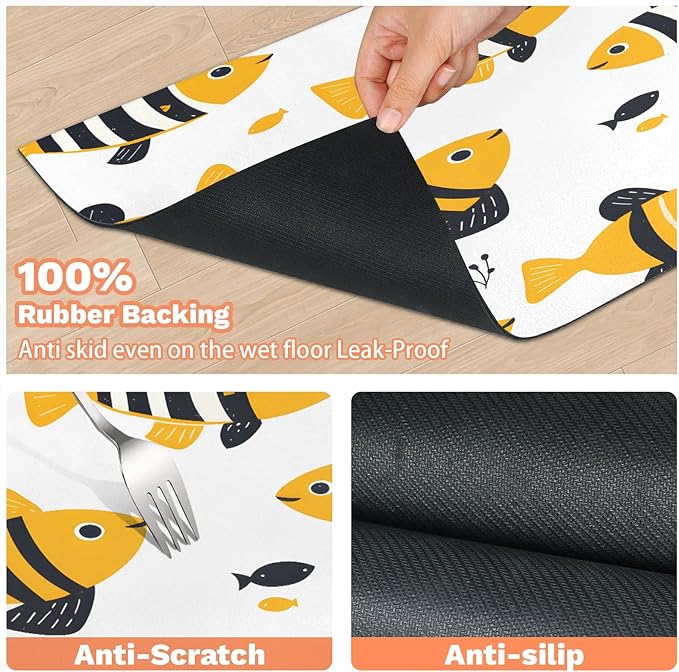 Cute Fish Dog Food Mat for Floors Absorbent Dog Bowl Mat for Food and Water Dispenser Quick Dry Cat Food Placemat Pet Supplies 17" x 30", Ocean