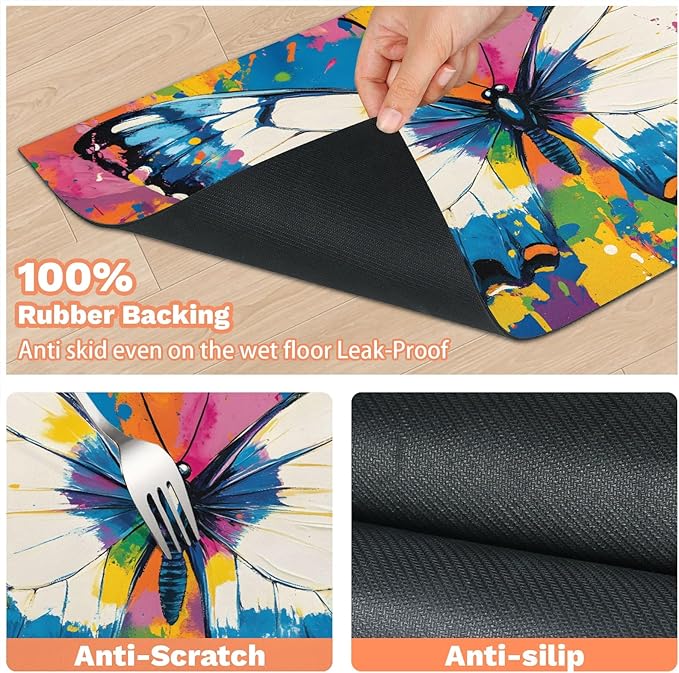 Colorful Butterfly Dog Food Mat for Floors Absorbent, Quick Dry Water Dispenser Mat for Food, Water, Pet Supplies 12" x 20", Watercolor Animals