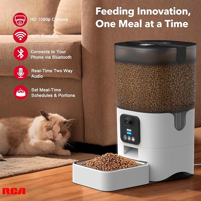 RCA Cat & Dog Pet Feeder with HD 1080p Camera, Real-Time Two-Way Audio, Monitoring, Motion Detection, Night Vision, Compatible with Alexa & Google Assistant - 6L Capacity, Dishwasher Safe Bowls