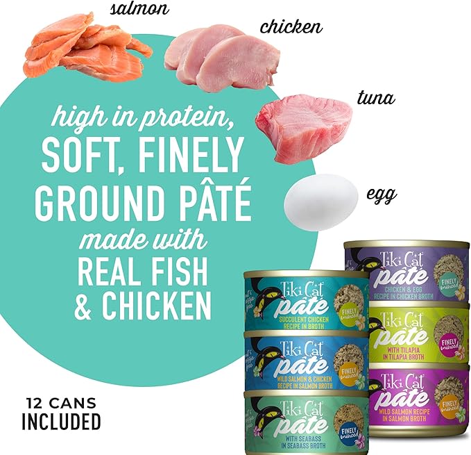 Tiki Cat Luau Pâté Variety Pack, Succulent Combinations of Real Protein, Grain-Free Balanced Nutrition Wet Canned Cat Food, for All Life Stages, 2.8 oz. Cans (Pack of 12)