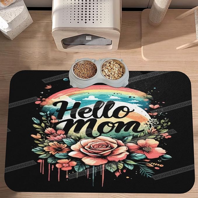 Pet Feeding Mats with Residue Collection Happy Mother's Day Floral Gift for Mom Rainbow Waterproof Dog Cat Bowl Mat 24x16In with Prevent Water Food Spills