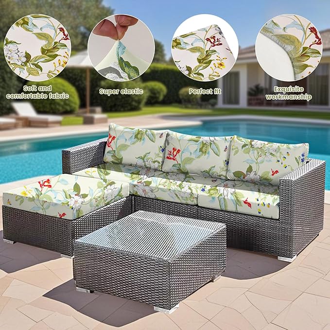 HANDONTIME 8Pcs Patio Cushion Covers Stretch Outdoor Couch Cover Replacement Cushions for Outdoor Furniture Waterproof Patio Furniture Cover for Pets Sofa Covers Washable (Spring Floral,Cover Only)