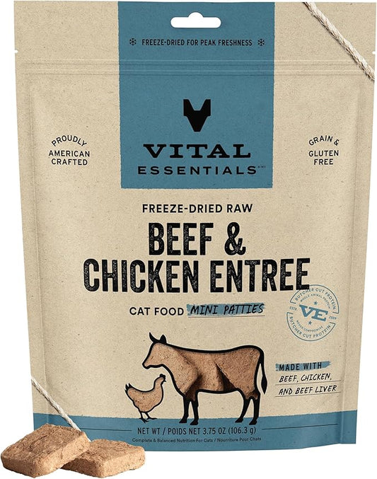 Vital Essentials Freeze Dried Cat Food, Raw Beef & Chicken Mini Patties | Complete Meal or Topper | Easy to Portion and Rehydrate | High Protein, Grain Free Dry Cat Food | 3.75 oz Bag