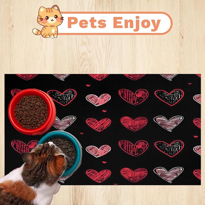 Valentine's Day Dog Food Mat for Floors Absorbent, Quick Dry Water Dispenser Mat for Food, Water, Pet Supplies 17" x 30", Black Red Love