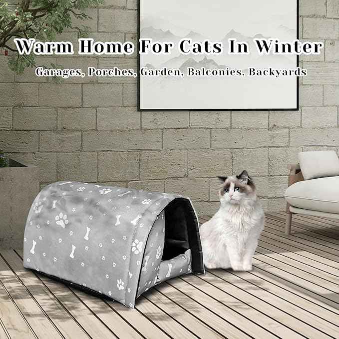 Fhiny Stray Cats Shelter, Waterproof Outdoor Cat House Foldable Warm Pet Cave for Winter Wild Animal Tent Bed Anti-Slip Kitten Cave for Feral Cat Dog Puppy Weatherproof Grey-L