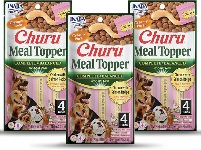 INABA Churu Meal Topper for Dogs, Complete & Balanced, Creamy, Lickable Purée Dog Food Topper, 0.5 Ounce Tube, 12 Tubes (4 per Pack) Chicken with Salmon Recipe