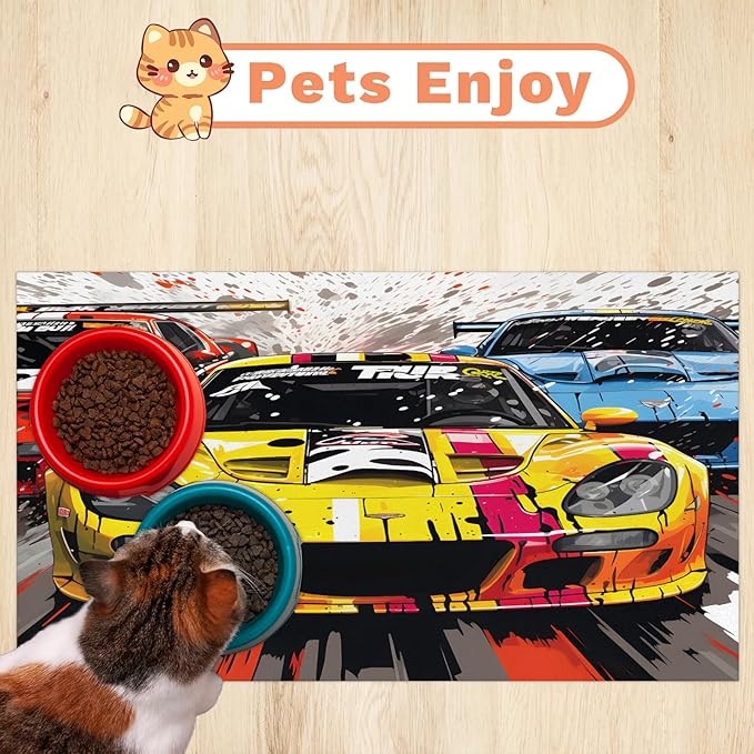Race Car Dog Food Mat for Floors Absorbent, Quick Dry Water Dispenser Mat for Food, Water, Pet Supplies 24" x 32",