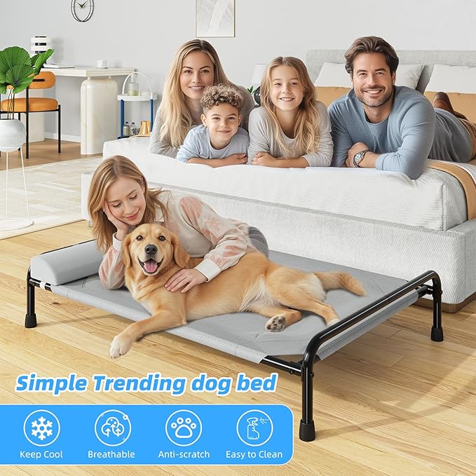 Simple Trending Elevated Dog Bed for Large Dogs, Cooling Raised Pet Cot with Bolster, Breathable Outdoor Couch Bed, 44.5" x 31", Grey