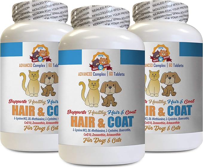 cat Coat Supplement - Pets Hair and Coat Boost - for Dogs and Cats - Supports Healthy Skin Hair Nails - Minerals for Cats - 3 Bottles (180 Tablets)