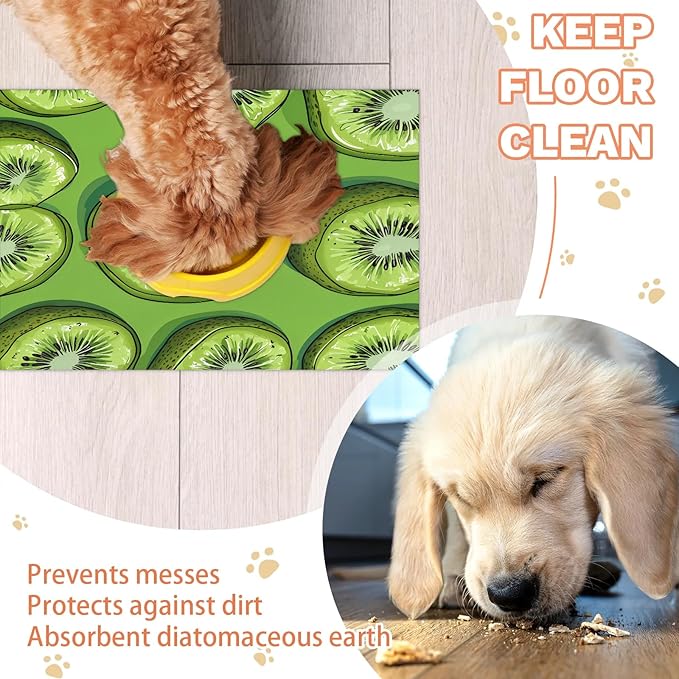 Kiwi Fruit Dog Food Mat for Floors Absorbent Dog Bowl Mat for Food and Water Dispenser Quick Dry Cat Food Placemat Pet Supplies 16" x 24", Cute Kiwi