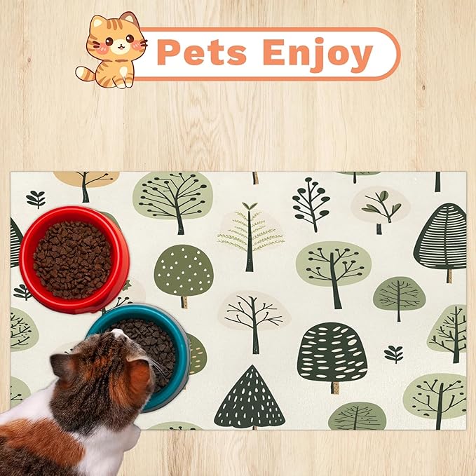 Cute Tree Dog Food Mat for Floors Absorbent, Quick Dry Water Dispenser Mat for Food, Water, Pet Supplies 17" x 30", Green Plant
