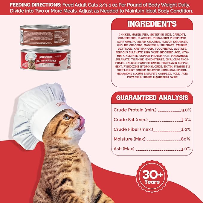 Beefeaters Chicken Whitefish Pate Wet Cat Food 5.5oz (24-Pack) | Adult Wet Food with Taurine, Premium Catfood Wet Food, No Artificial Additives, Balanced Nutrition | Supports Immune System & Vision