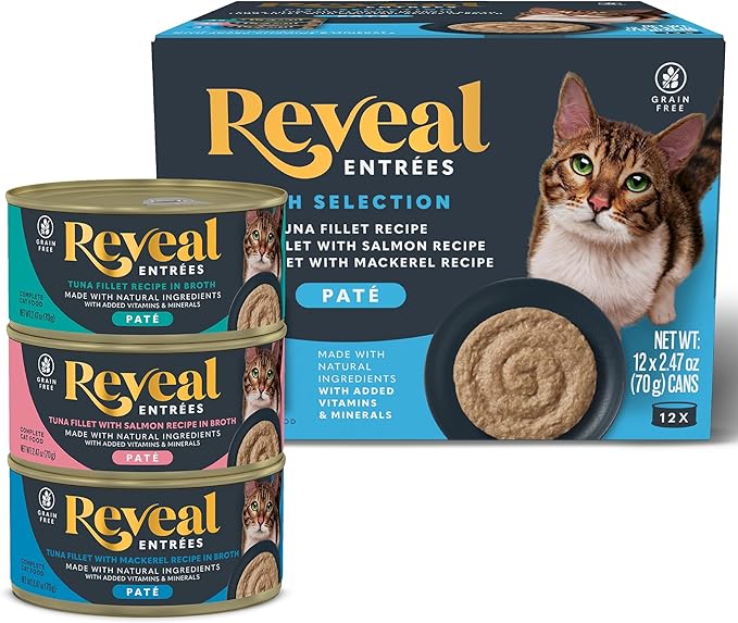 Reveal Entrées Natural Wet Cat Food Paté, Grain-Free with Added Vitamins & Minerals, Carrageenan-Free and High Protein, Fish Variety Selection Paté (12 x 2.47 oz Cans)