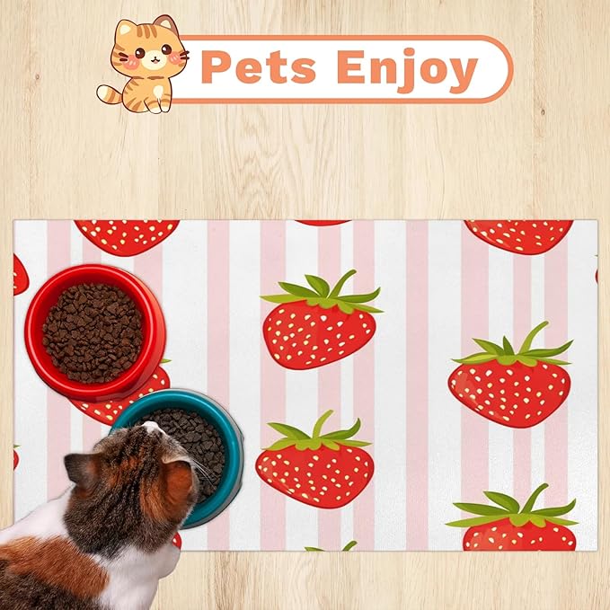Red Strawberry Dog Food Mat for Floors Absorbent Dog Bowl Mat for Food and Water Dispenser Quick Dry Cat Food Placemat Pet Supplies 17" x 30", Pink Stripe