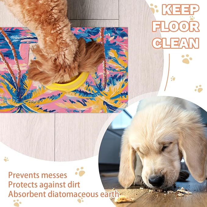 Palm Tree Dog Food Mat for Floors Absorbent, Quick Dry Water Dispenser Mat for Food, Water, Pet Supplies 16" x 24", Colorful Sailboat