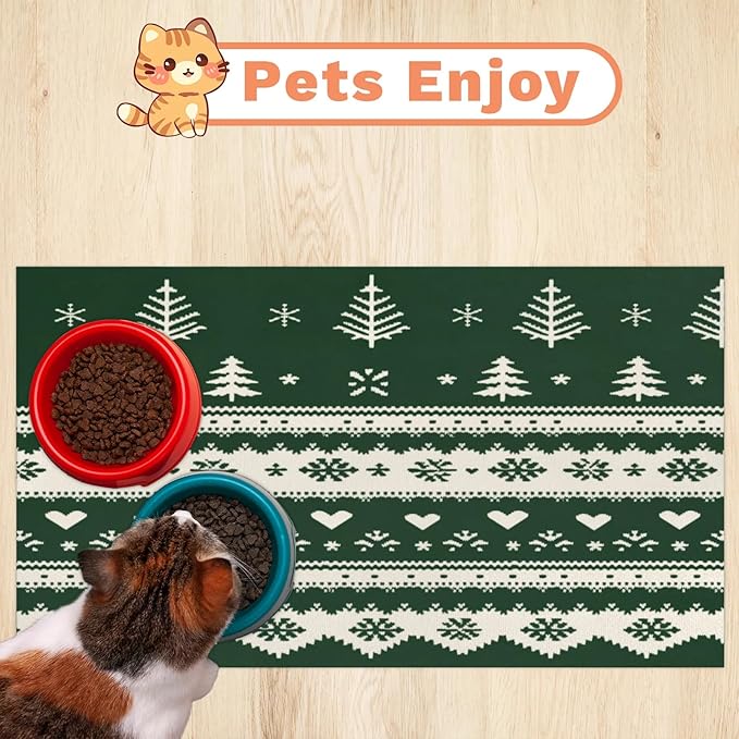 Christmas Trees Dog Food Mat for Floors Absorbent, Quick Dry Water Dispenser Mat for Food, Water, Pet Supplies 16" x 24", Green White Xmas