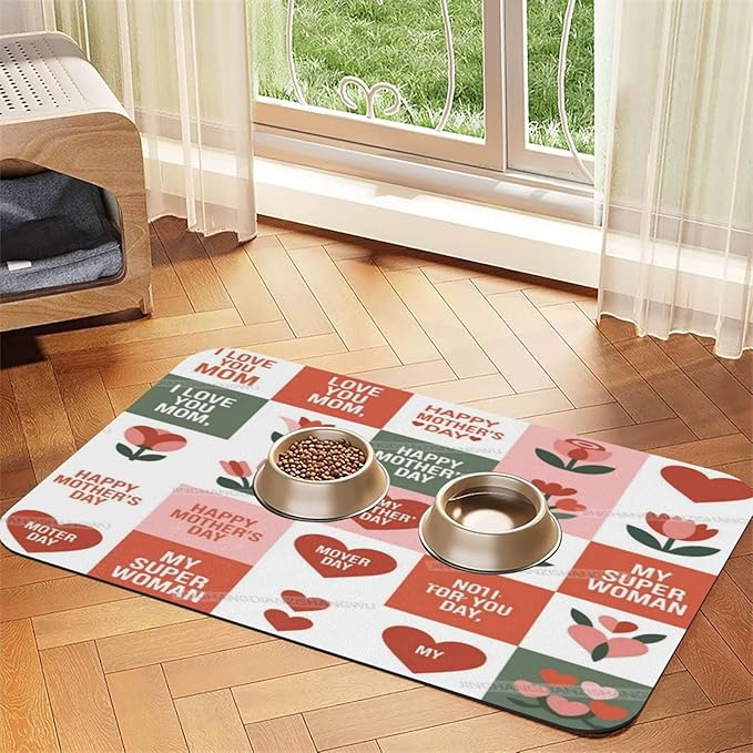 Pet Cat Dog Food Mat Absorbent Dog Feeding Mat Happy Mother's Day Floral Gift Mom IP No Stains Cat Food Mats Indoor Pet Accessories Supplies Dogs Placemat Water Bowl Mats with Rubber Backing 18X12In