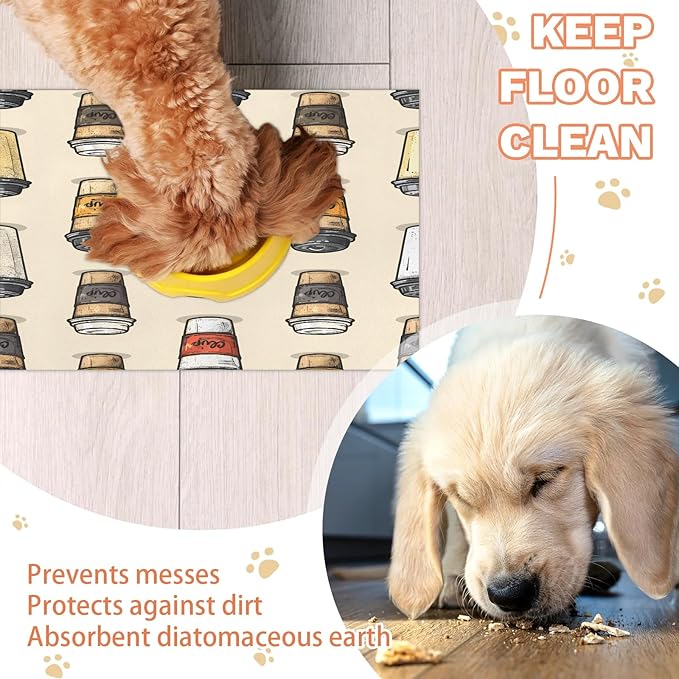 Vintage Coffee Dog Food Mat for Floors Absorbent Dog Bowl Mat for Food and Water Dispenser Quick Dry Cat Food Placemat Pet Supplies 24" x 32", Coffee Theme