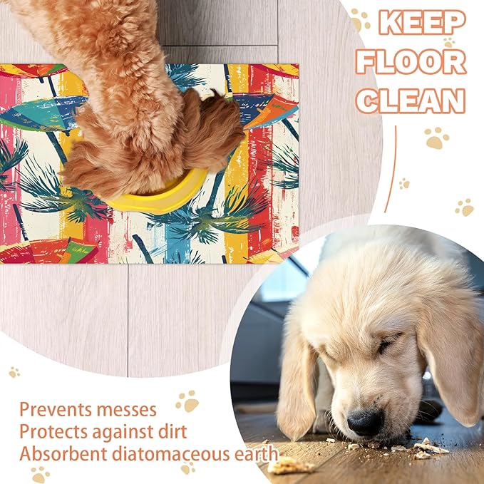 Palm Tree Dog Food Mat for Floors Absorbent, Quick Dry Water Dispenser Mat for Food, Water, Pet Supplies 12" x 20", Summer Tropical