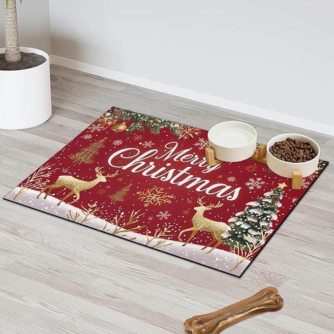 Merry Christmas Dog Food Mat for Floors Absorbent, Quick Dry Water Dispenser Mat for Food, Water, Pet Supplies 17" x 30", Gold Deer