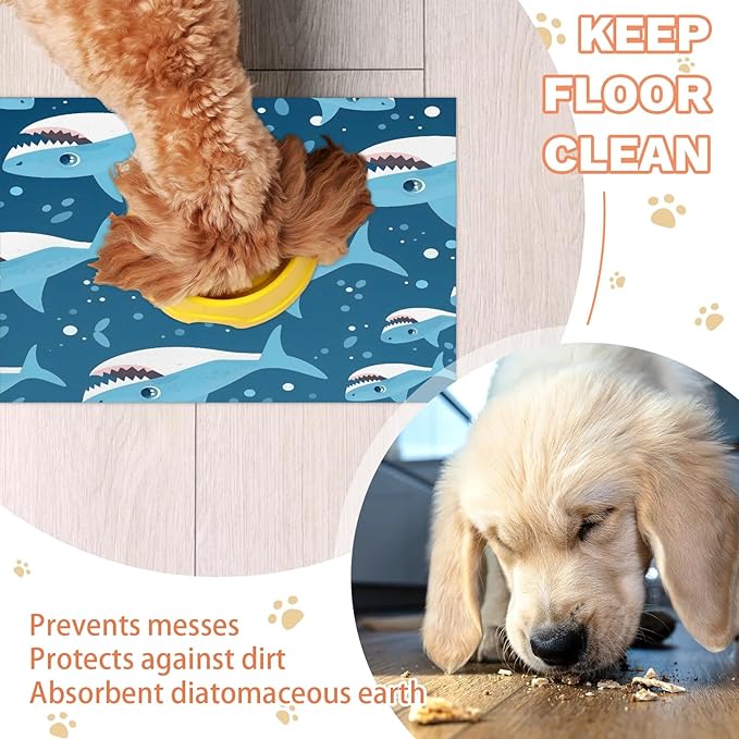 Cartoon Shark Dog Food Mat for Floors Absorbent Dog Bowl Mat for Food and Water Dispenser Quick Dry Cat Food Placemat Pet Supplies 17" x 30", Ocean Sea