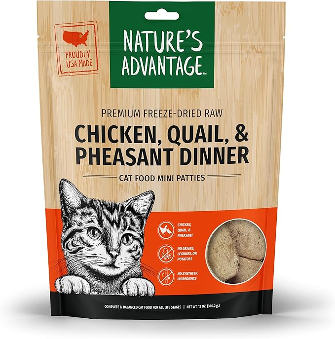 Nature's Advantage Freeze-Dried Raw Chicken, Quail, & Pheasant Cat Food Mini Patties, 12 oz | Grain Free, High Protein Nutrition