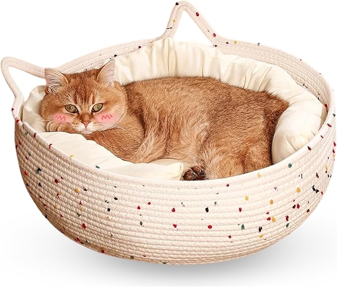 Cat Bed for Indoor Cats – Round Washable Basket with Soft Cushion & Scratchable Sides, Cozy Woven Kitten Bed, 17.7” x 5.9”