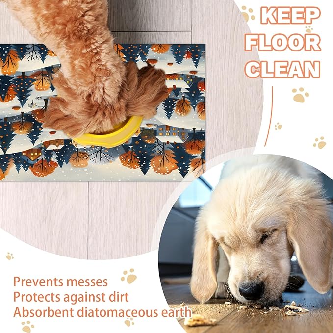 Forest Dog Food Mat for Floors Absorbent, Quick Dry Water Dispenser Mat for Food, Water, Pet Supplies 16" x 24", Village House