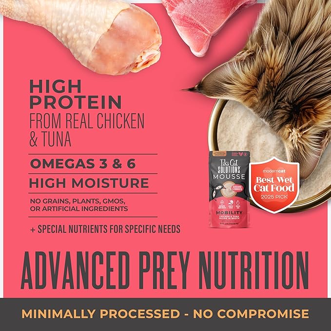 Tiki Cat Solutions Mobility Mousse, Chicken & Tuna Recipe in Broth, Formulated to Support Healthy Joints, Functional Wet Cat Food, 2.4 oz. Pouch (12 Count)
