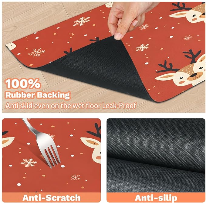 Red Christmas Deer Dog Food Mat for Floors Absorbent, Quick Dry Water Dispenser Mat for Food, Water, Pet Supplies 17" x 30", Winter Snowflake