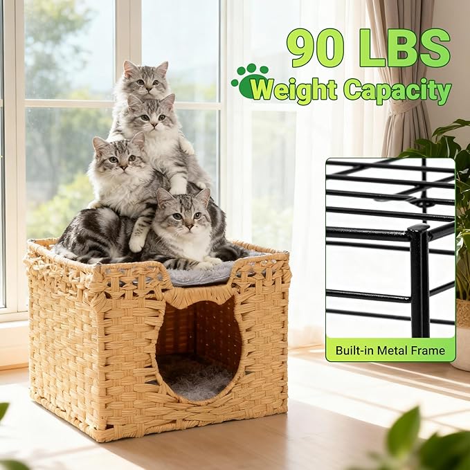 Handwoven Rattan Cat Cave w/Two Cushions, Cat Beds Indoor Kitten House, Wateproof & Foldable Pet Cube Bed, Natural Color, 16.5”L x 16.5”W x 12.6”H