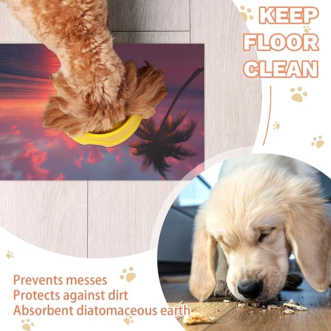 Hawaiian Sunset Dog Food Mat for Floors Absorbent, Quick Dry Water Dispenser Mat for Food, Water, Pet Supplies 12" x 20", Plam Tree