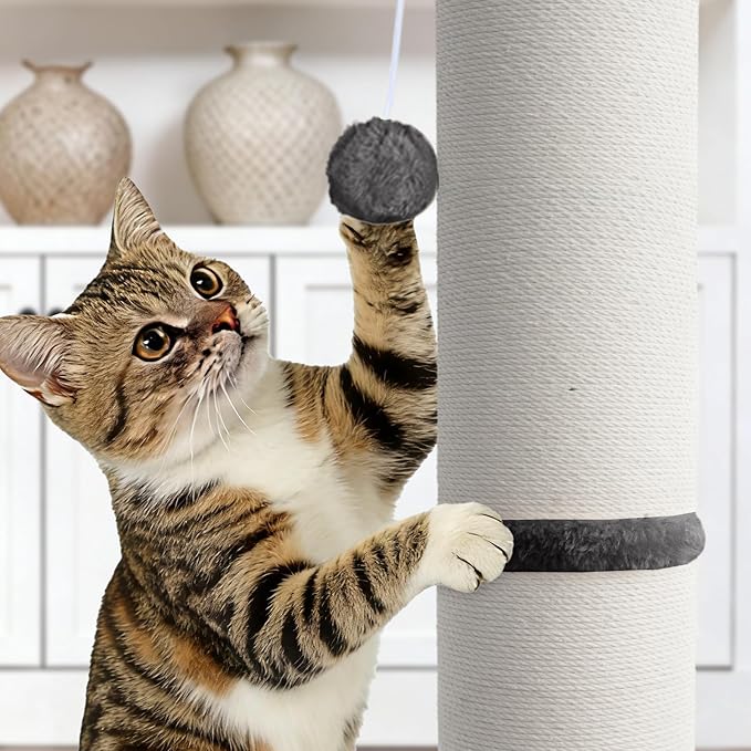 PAWSCRAT Cat Scratching Post 32" Tall, Large Diameter Natural Sisal Cat Scratch Post with Dangling Ball, Scratch-Resistant and Durable Tall Cat Scratcher for Indoor Cats, Protect Your Furniture, Grey