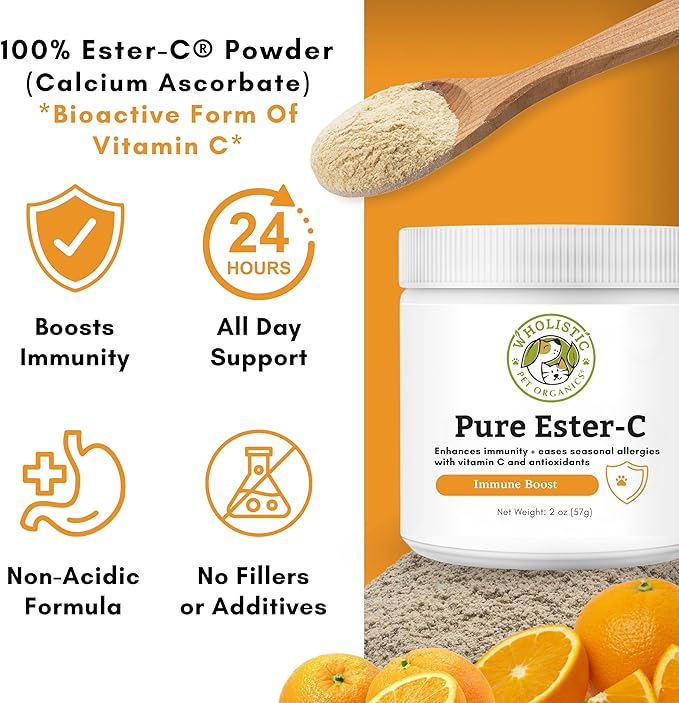Wholistic Pet Organics Ester-C Powder for Dogs & Cats - Cat & Dog Allergy & Itch Relief - Vitamin C Immune Support Supplement - Itchy Skin Support for Seasonal Dog Allergy Relief - 2 oz - 57 Scoops