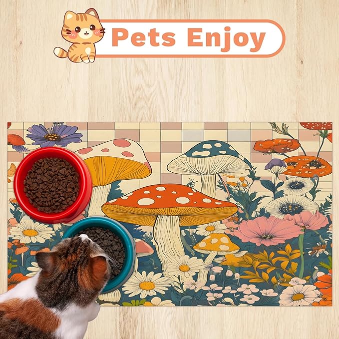 Boho Mushrooms Dog Food Mat for Floors Absorbent Dog Bowl Mat for Food and Water Dispenser Quick Dry Cat Food Placemat Pet Supplies 24" x 32", Flower Floral