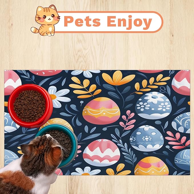 Easter Egg Dog Food Mat for Floors Absorbent Dog Bowl Mat for Food and Water Dispenser Quick Dry Cat Food Placemat Pet Supplies 16" x 24", Spring Floral